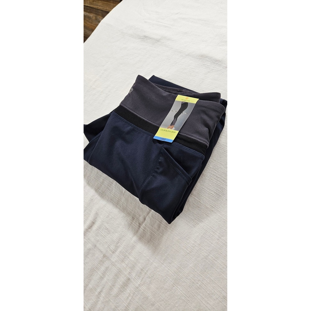 Tangerine Womens Color Block Crop Leggings Navy Grey Mesh Pocket Athletic Large